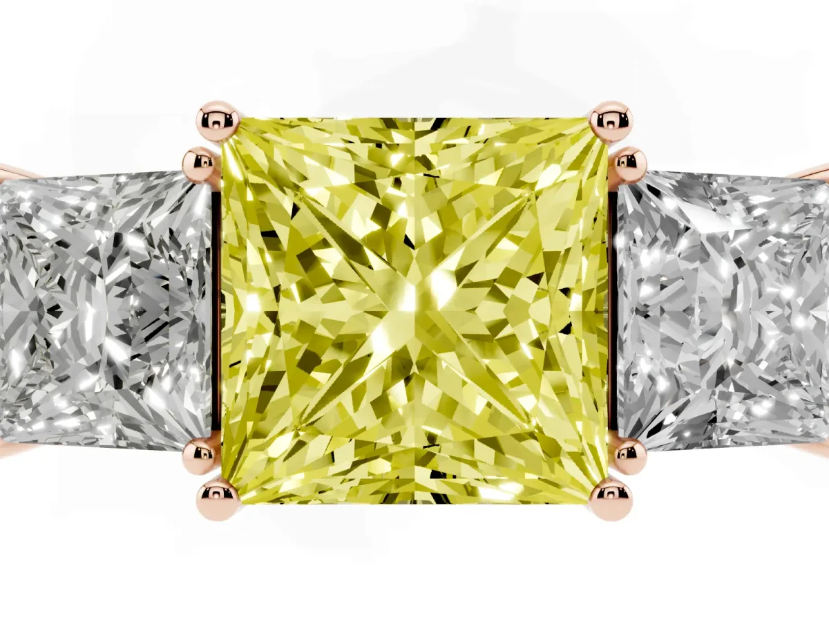 Fancy Yellow Three-Stone Princess Cut Cut Diamond Engagement Ring with Flat Band and Four-Prong Setting Rose gold