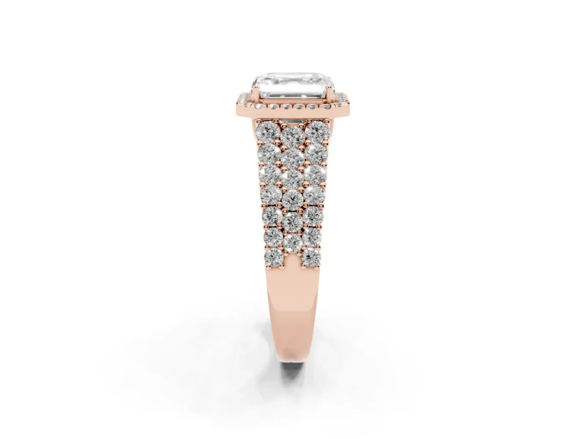 Asscher Cut Diamond Halo Engagement Ring with Triple Row Round Pavé Band and Prong Setting Rose gold