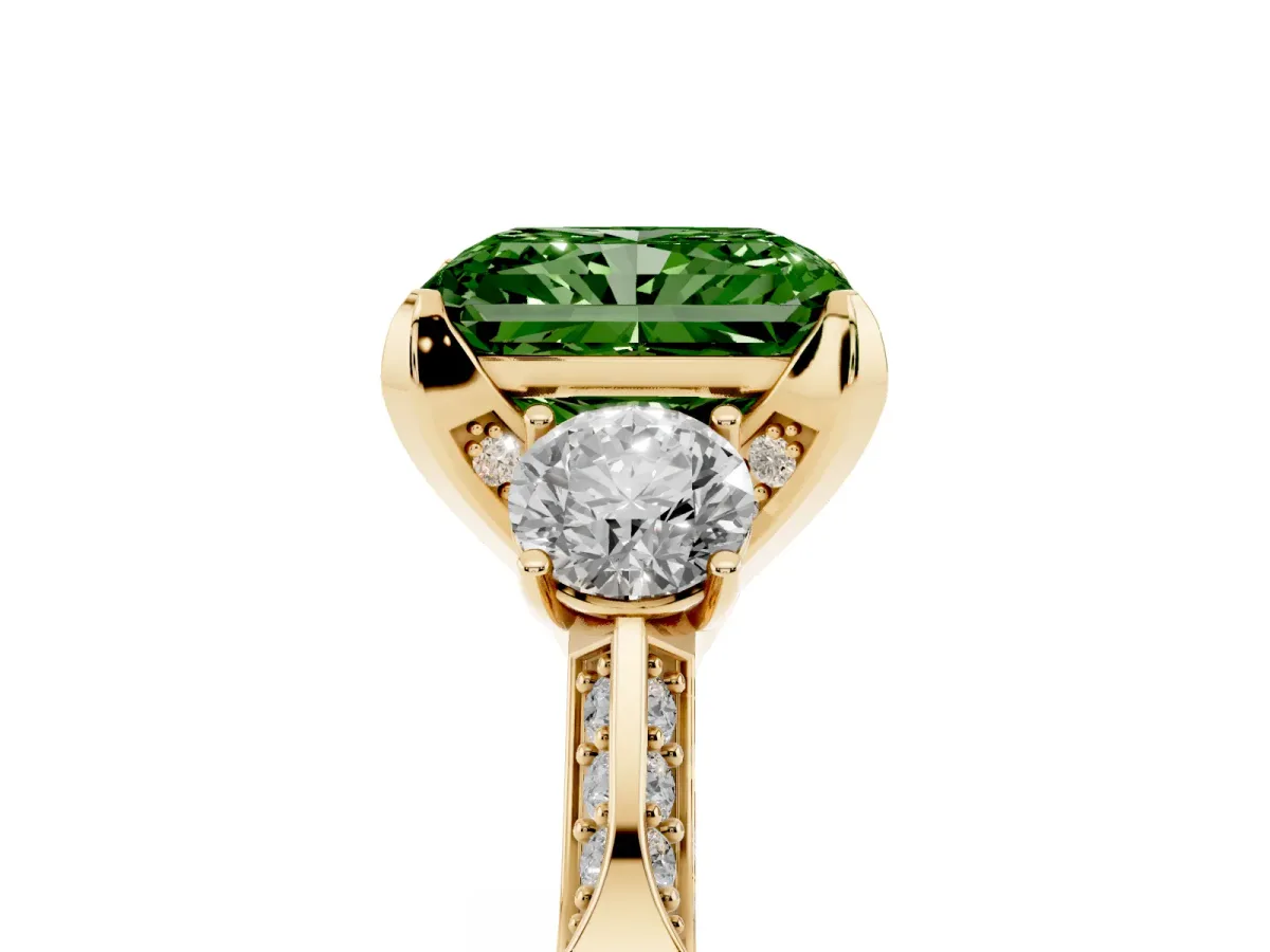 Fancy Green Radiant Cut Brilliant Three-Stone Diamond Ring with Pavé Band and Four-Prong Setting Yellow gold