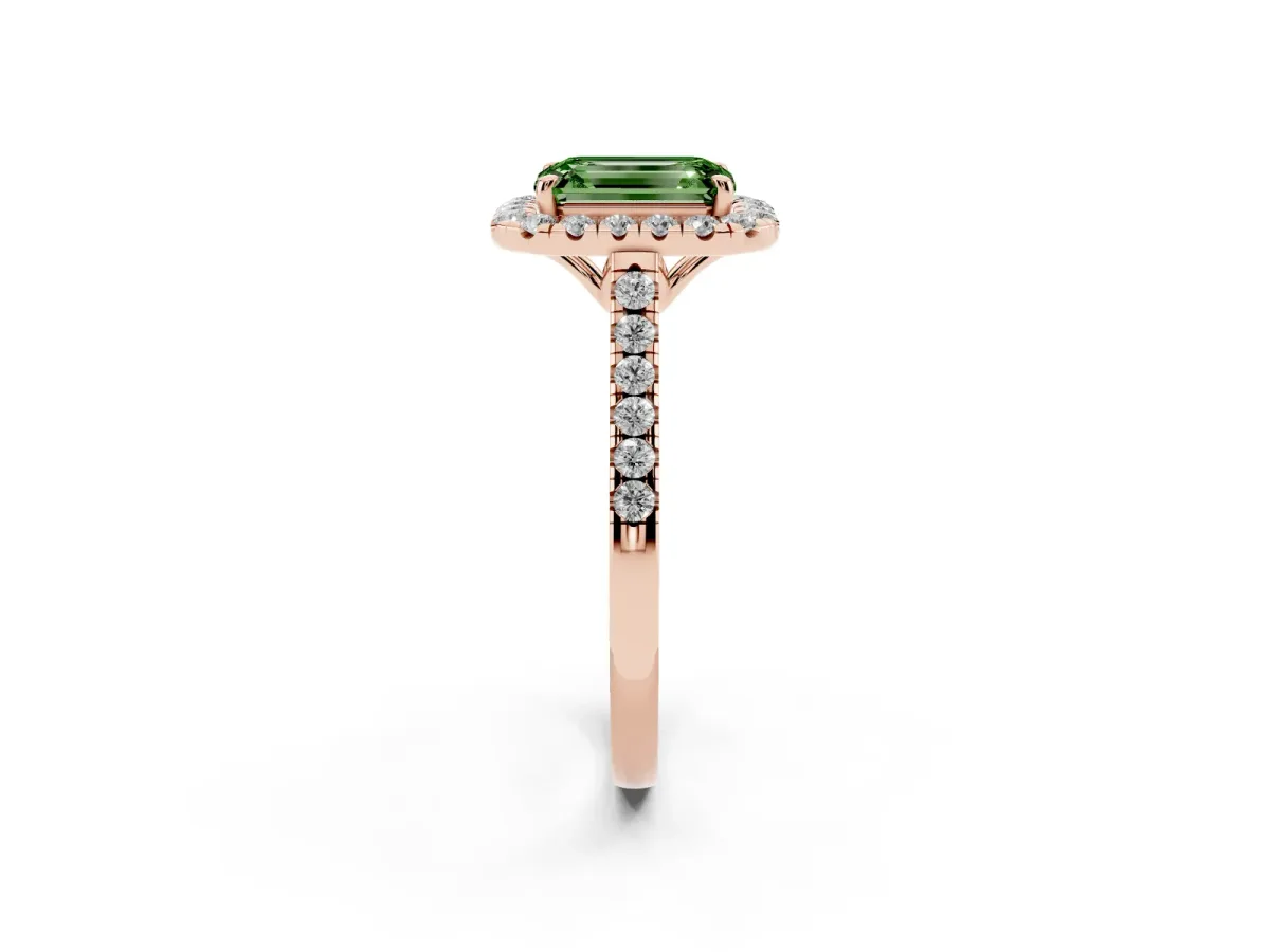 Fancy Green Emerald Cut Halo Pavé Diamond Engagement Ring with Four-Prong Setting Rose gold