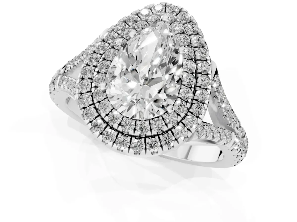 Pear Cut Diamond Double Halo Ring with Split Shank and Prong Setting White gold