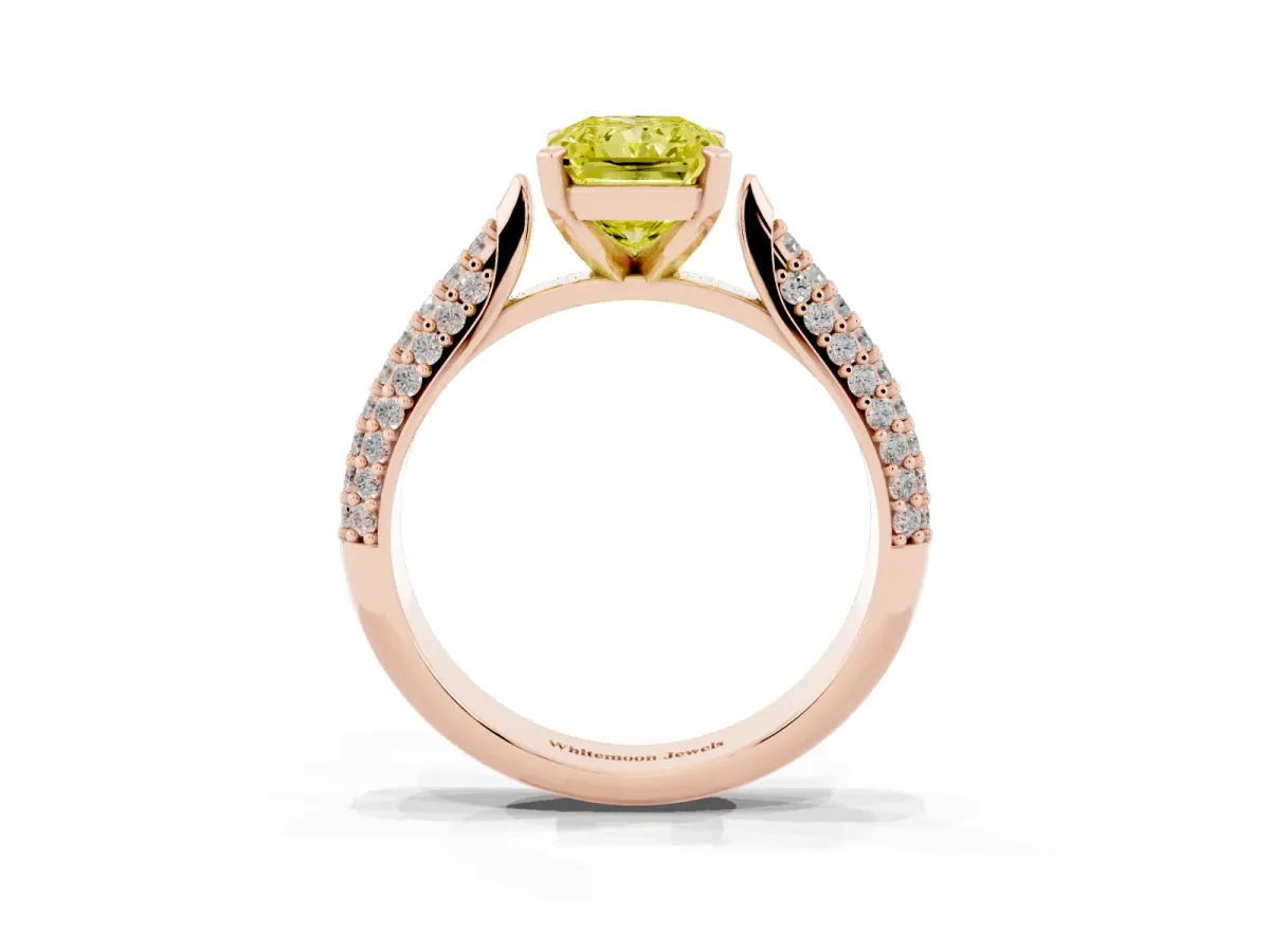 Fancy Yellow Radiant Cut Diamond Solitaire Engagement Ring with Multi-Row Round Pavé Band and Prong Setting Rose gold