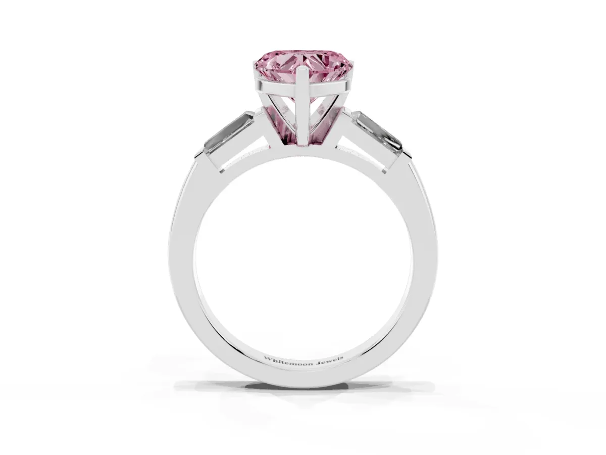 Fancy Pink Heart Cut Solitaire with Tapered Baguette Side Stones on a Classic Band with Four-Prong Setting Silver