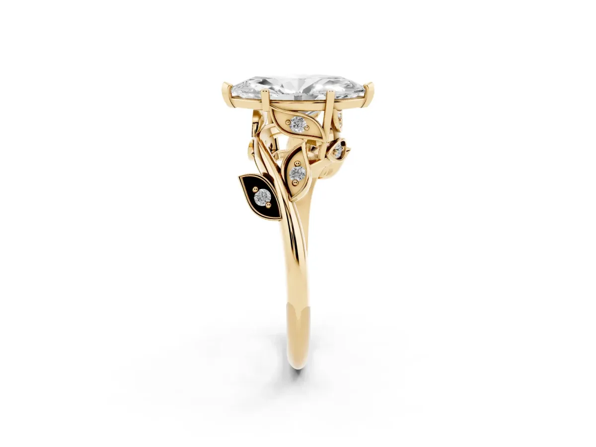 Marquise Cut Solitaire Twist Engagement Ring with Leaf Accents and Prong Setting Yellow gold
