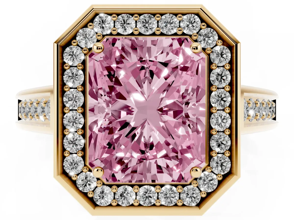 Fancy Pink Radiant Cut Halo Solitaire Diamond Ring with Pave Band and Bezel Setting Yellow gold