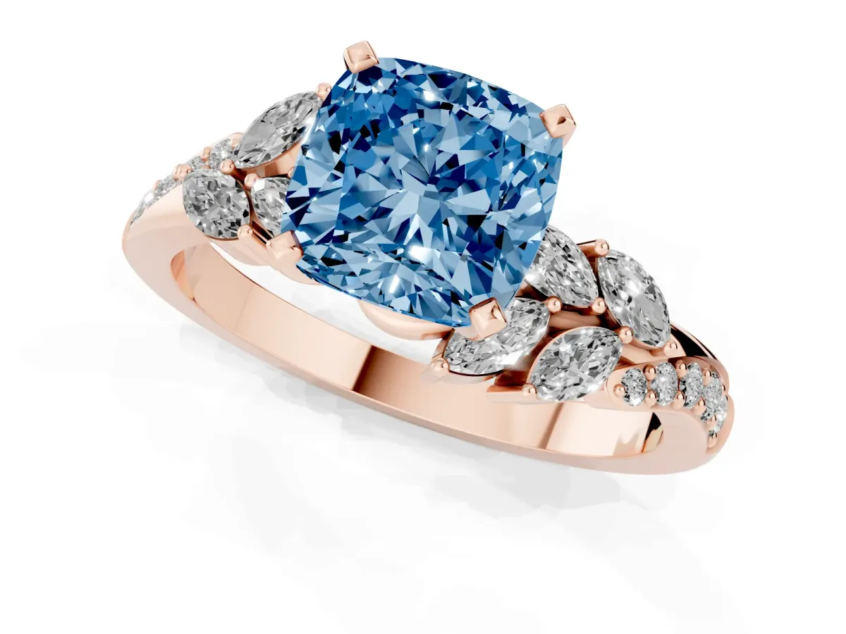 Fancy Blue Cushion Cut Solitaire Marquise Twist Band with Six-Prong Setting Rose gold