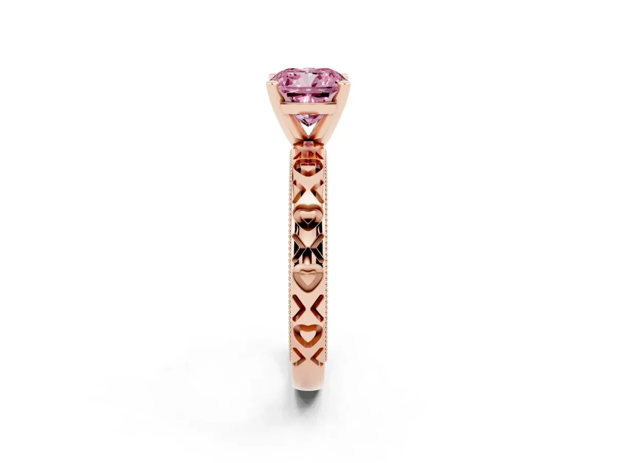 Fancy Pink Cushion Cut Solitaire Diamond Engagement Ring with XO Engraved Band and Four-Prong Setting Rose gold