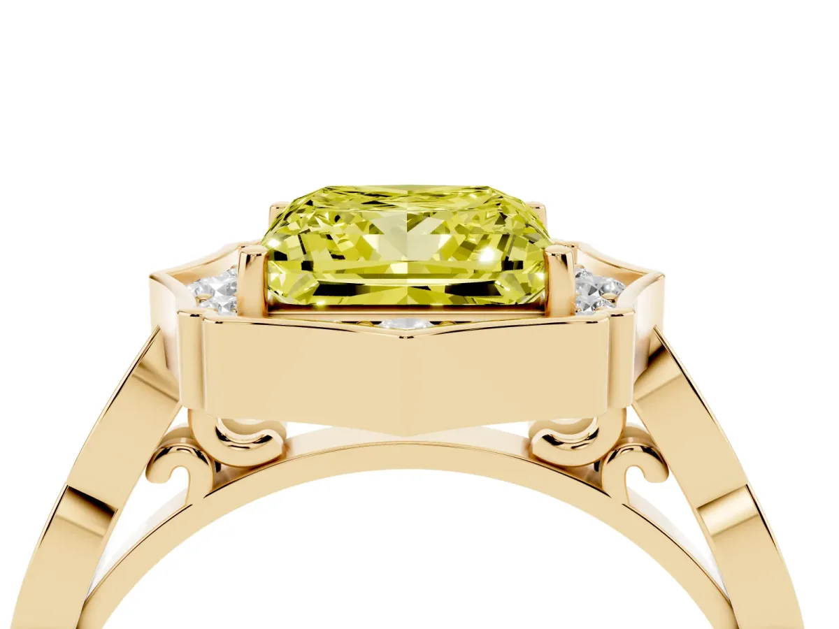 Fancy Yellow Princess Cut Halo Diamond Engagement Ring with Milgrain Band and Four-Prong Setting Yellow gold