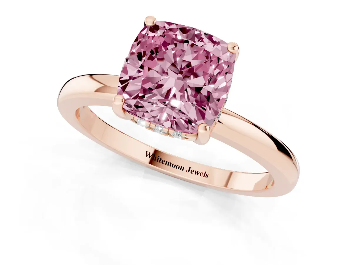 Fancy Pink Cushion Cut Solitaire Diamond Ring with Prong Setting and Plain Band Rose gold