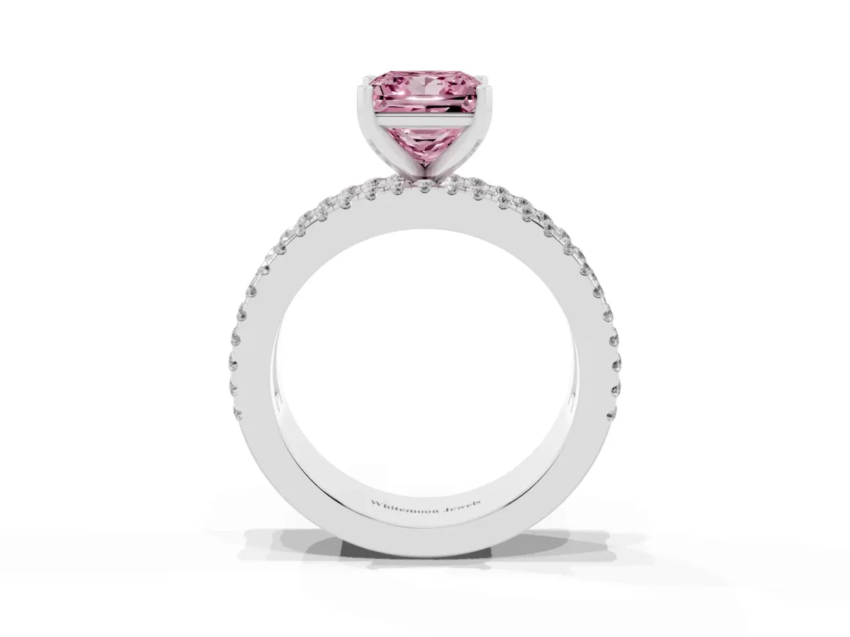 Fancy Pink Princess Cut Diamond Solitaire Ring with Pavé and Channel Set Band Platinum
