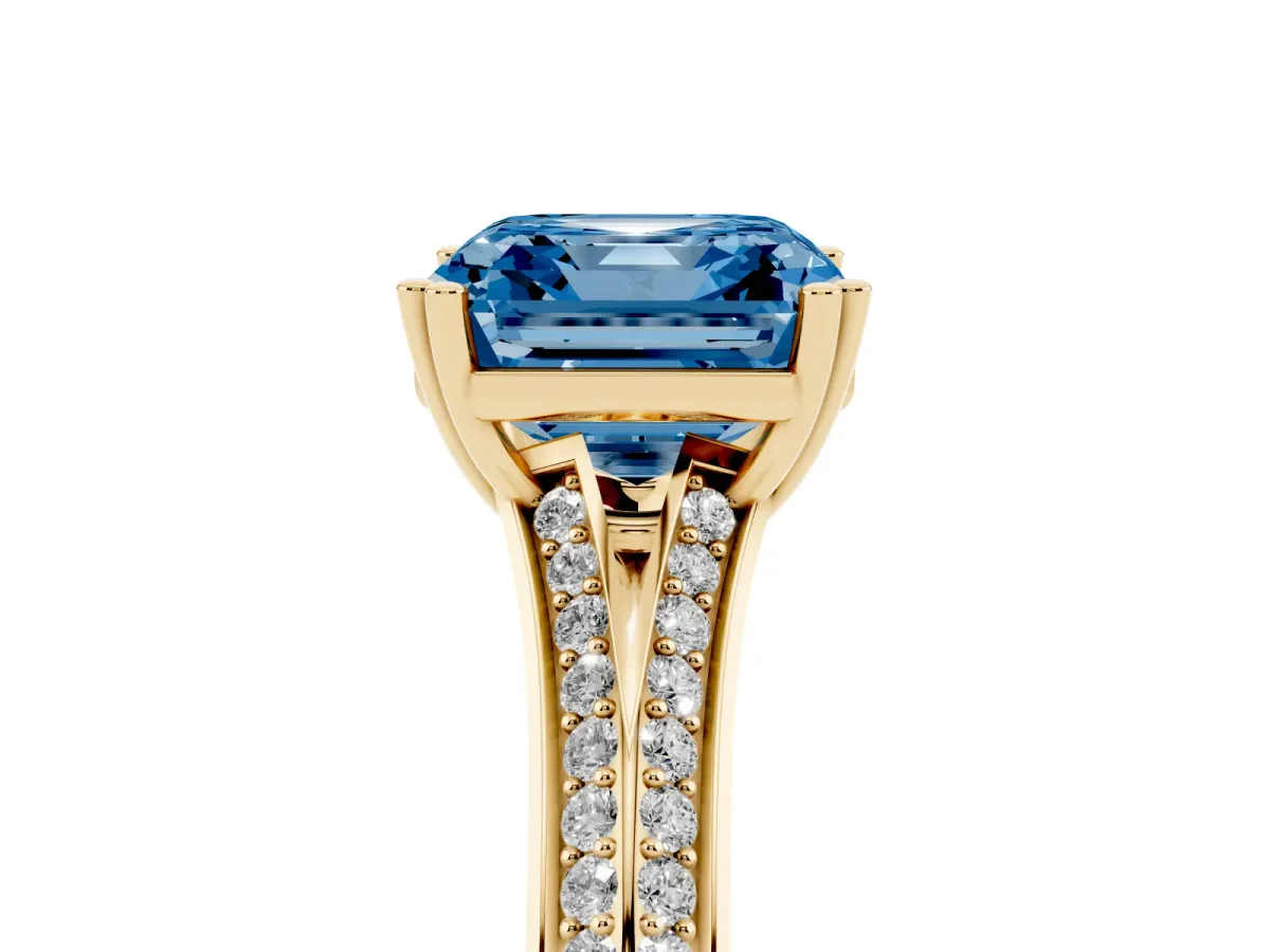 Fancy Blue Asscher Cut Diamond Split Shank Engagement Ring with Pavé Band Yellow gold