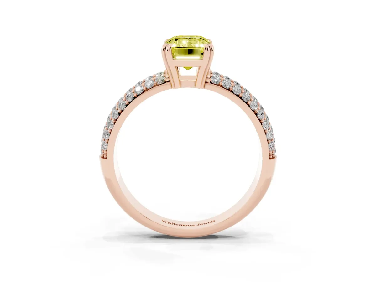 Fancy Yellow Emerald Cut Diamond Solitaire Ring with Multi-Row Round Pavé Band and Prong Setting Rose gold