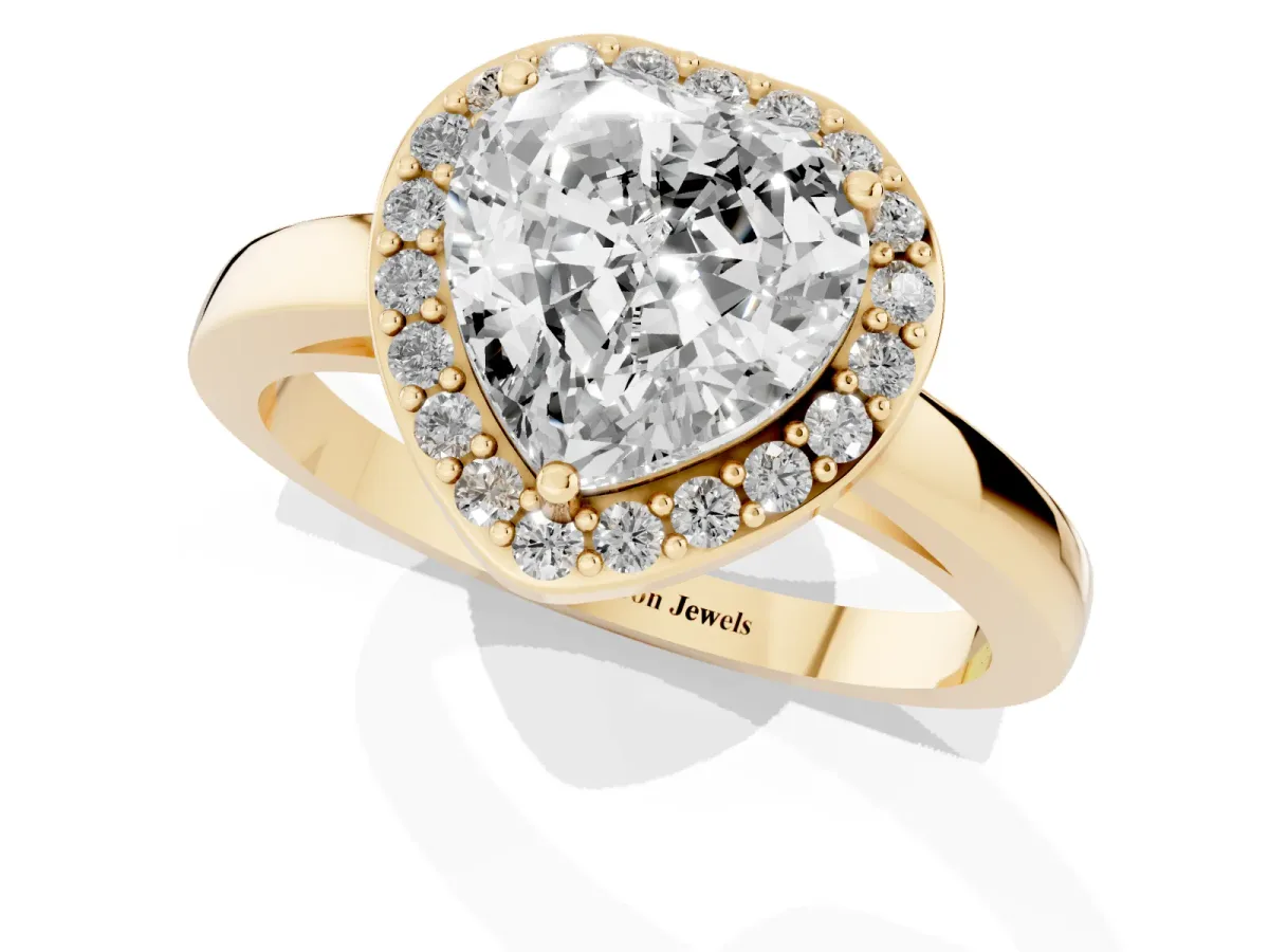 Heart Cut Halo Diamond Ring with Solitaire Band and Prong Setting Yellow gold