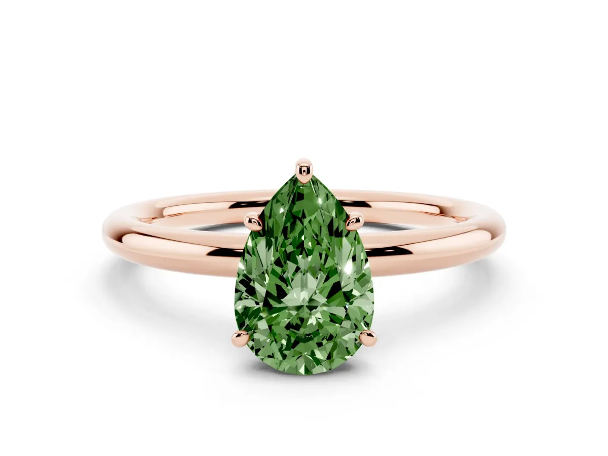 Fancy Green Pear Cut Solitaire Diamond Ring with Four-Prong Setting on a Plain Band Rose gold