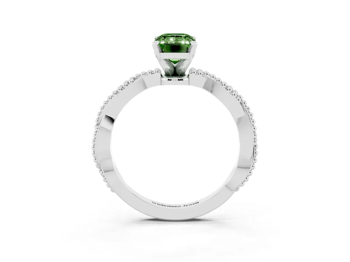 Fancy Green Emerald Cut Solitaire Twisted Band with Bead Prong Setting Silver