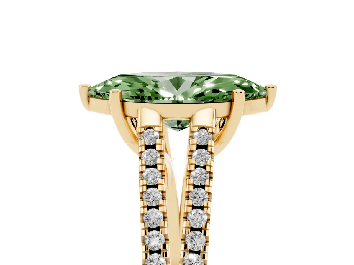 Fancy Green Marquise Cut Diamond Solitaire Engagement Ring with Split Shank Pavé Band Yellow gold