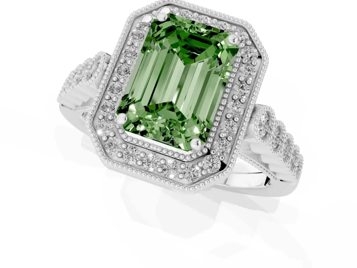 Fancy Green Emerald Cut Halo Milgrain Solitaire with Bezel Set Side Stones and Pave Band Silver