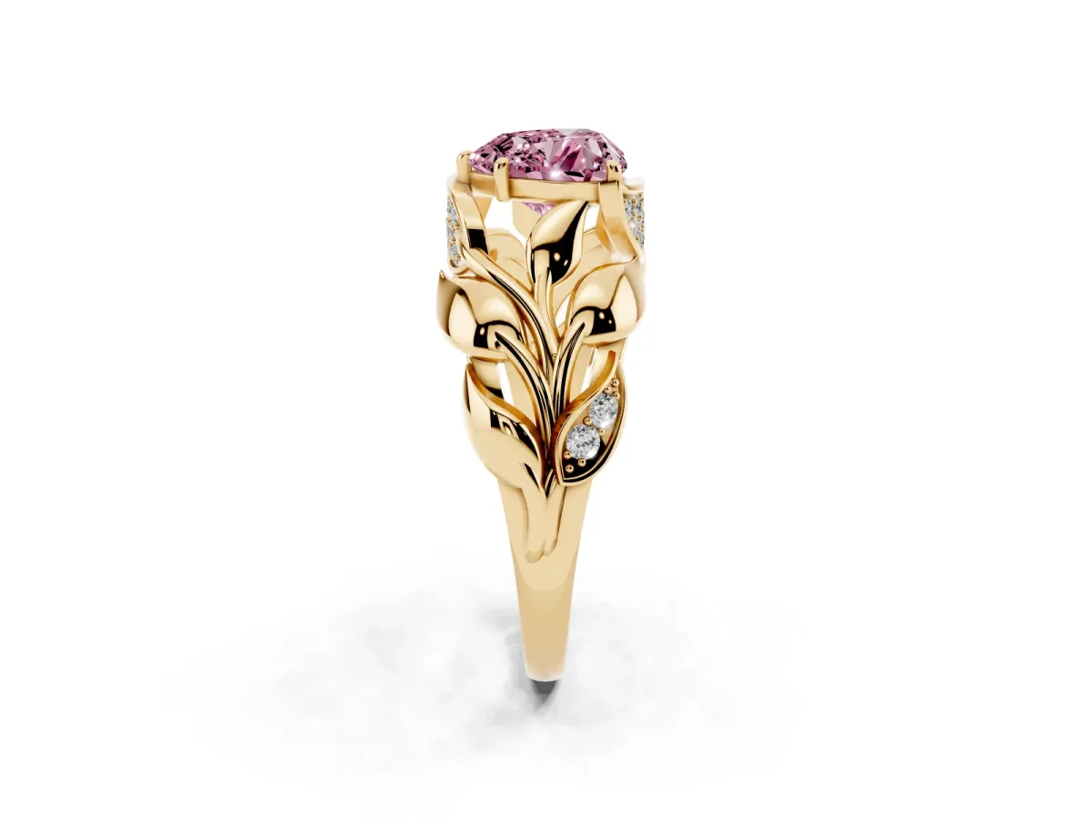 Fancy Pink Heart Cut Diamond Leaf-Inspired Engagement Ring with Round Accents and Prong Setting Yellow gold