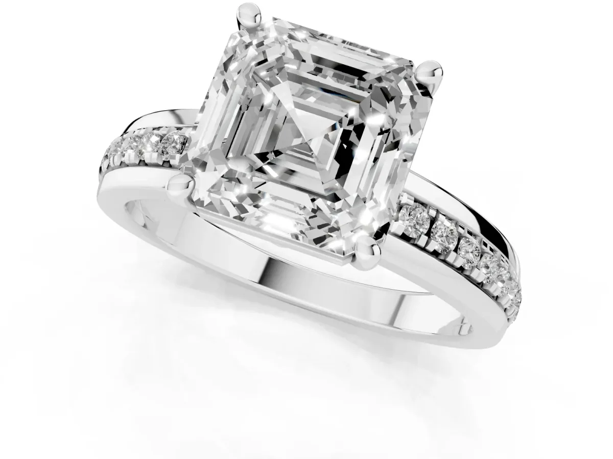 Asscher Cut Solitaire Diamond Ring with Channel Set Band and Six-Prong Setting Silver