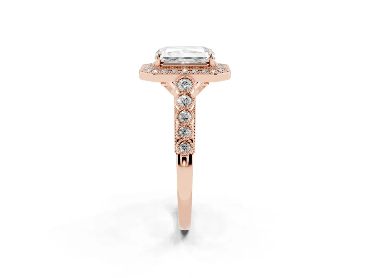 Radiant Cut Halo Milgrain Solitaire with Bezel Set Side Stones and Pave Band Rose gold