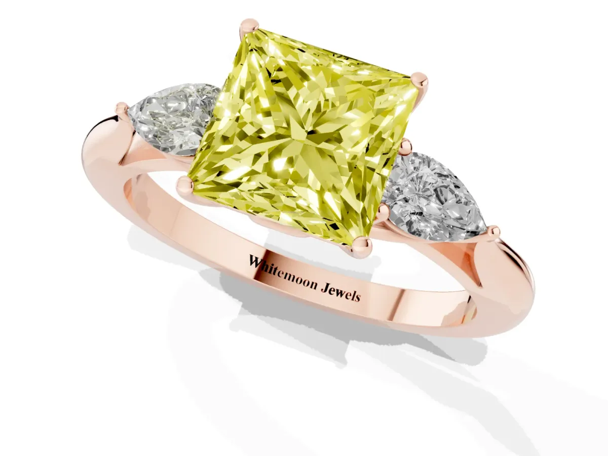 Fancy Yellow Three-Stone Princess Cut Brilliant Diamond Solitaire Ring with Tapered Band and Four-Prong Setting Rose gold