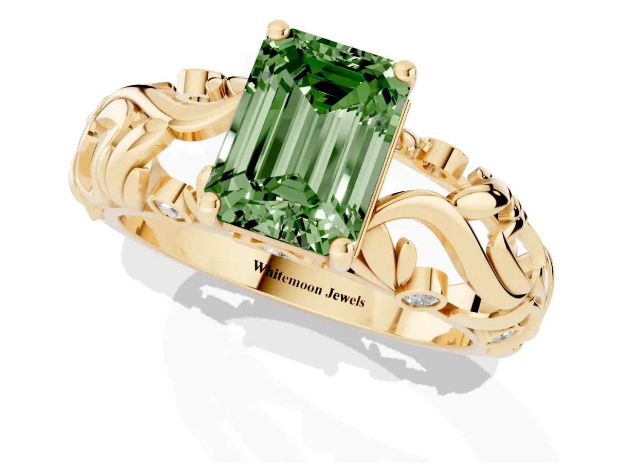 Fancy Green Emerald Cut Solitaire Diamond Leaf-Inspired Vine Band Ring with Prong Setting Yellow gold