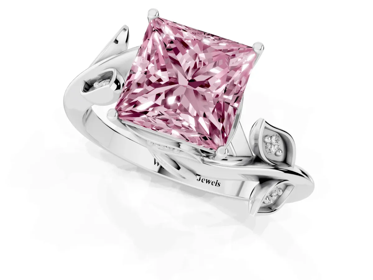 Fancy Pink Princess Cut Solitaire Twist Engagement Ring with Leaf Accents and Prong Setting Silver