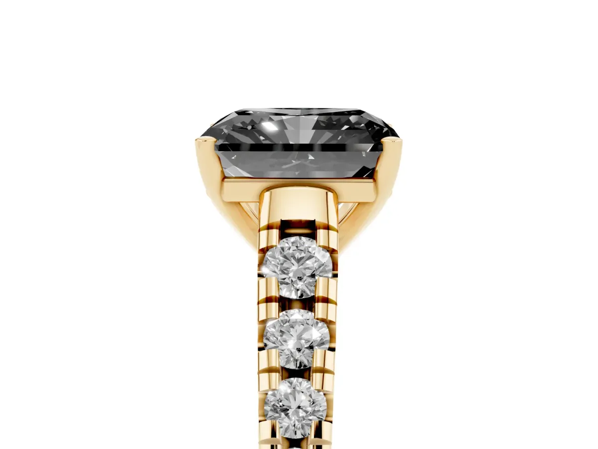 Fancy Black Radiant Cut Diamond Cathedral Solitaire Ring with Round Pavé Band Yellow gold