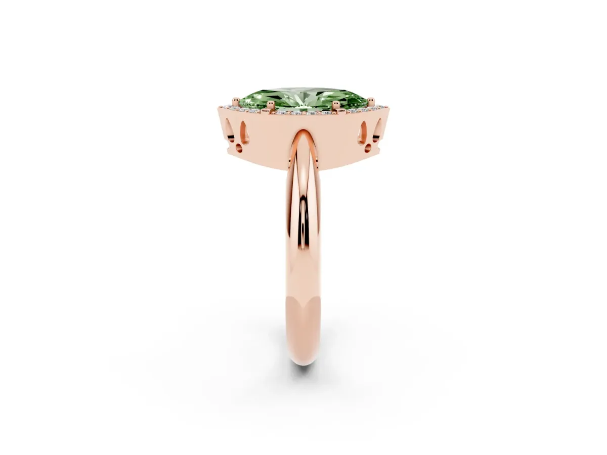 Fancy Green Marquise Cut Cut Diamond Halo Engagement Ring with Split Shank and Four-Prong Setting Rose gold