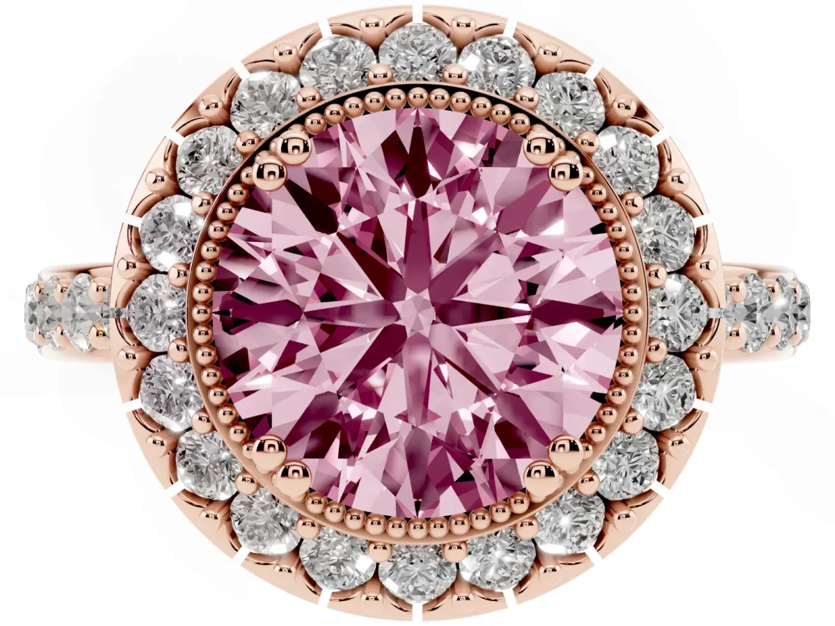 Fancy Pink Round Cut Diamond Halo Ring with Pavé Band and Prong Setting Rose gold