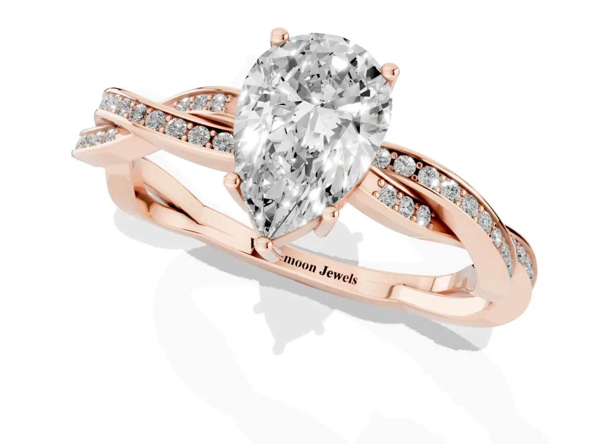 Pear Cut Solitaire Twisted Pave Diamond Ring with Four-Prong Setting Rose gold