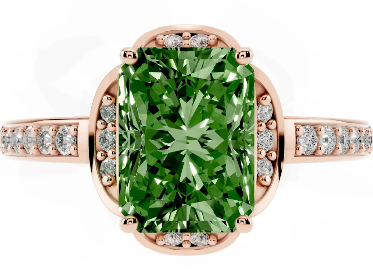 Fancy Green Radiant Cut Cut Halo Diamond Ring with Channel Set Band and Four-Prong Setting Rose gold