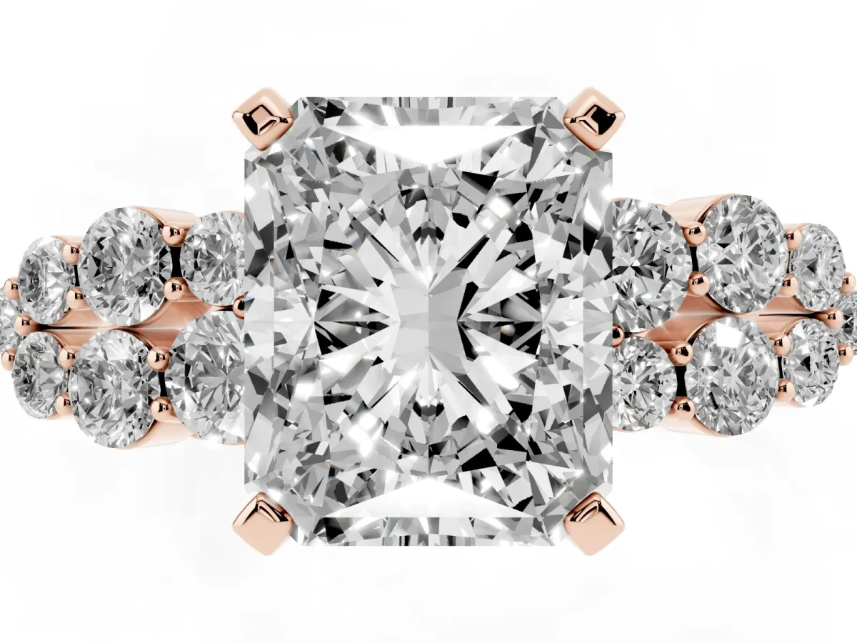 Radiant Cut Cluster Diamond Engagement Ring with Pavé Band and Four-Prong Setting Rose gold
