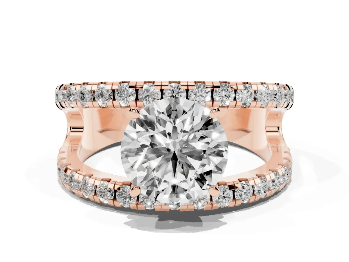 Round Cut Solitaire Split Shank Pave Diamond Ring Rose gold