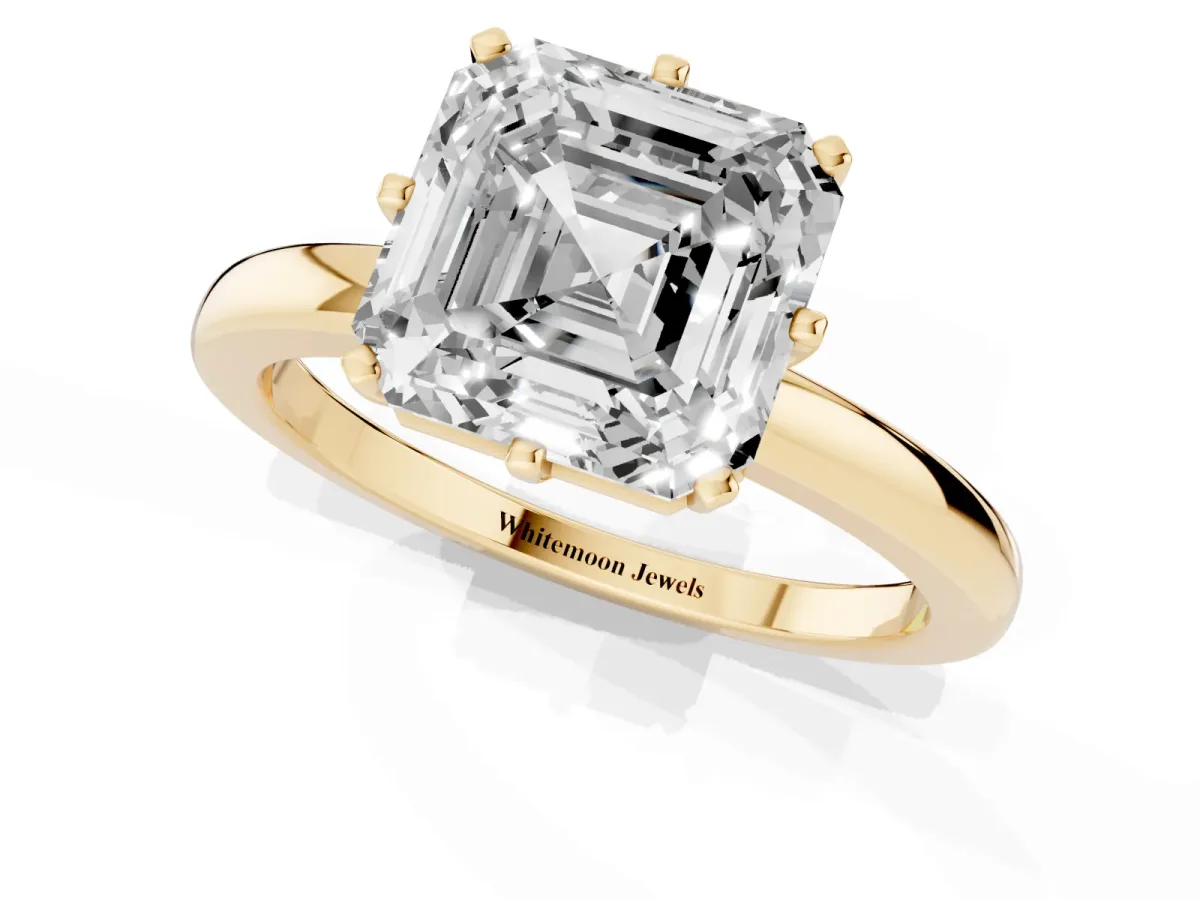 Asscher Cut Solitaire Diamond Ring with Six-Prong Setting on a Classic Band Yellow gold