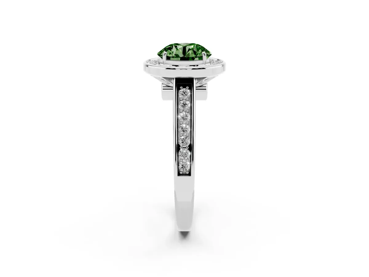 Fancy Green Round Cut Halo Solitaire Diamond Ring with Pave Band and Bezel Setting Silver
