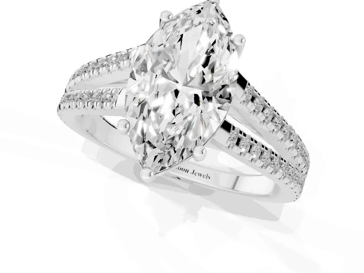 Marquise Cut Diamond Solitaire Engagement Ring with Split Shank Pavé Band Silver