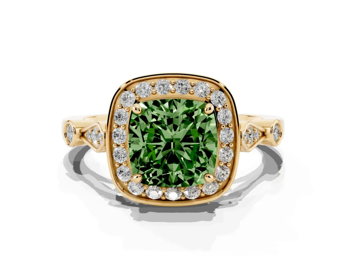 Fancy Green Cushion Cut Halo Diamond Engagement Ring with Twisted Band and Four-Prong Setting Yellow gold