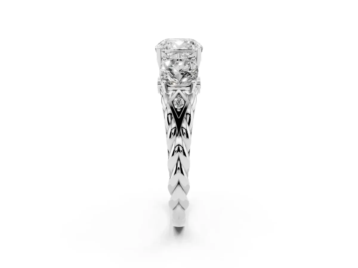 Three-Stone Cushion Cut Diamond Braided Band Ring with Four-Prong Setting Platinum