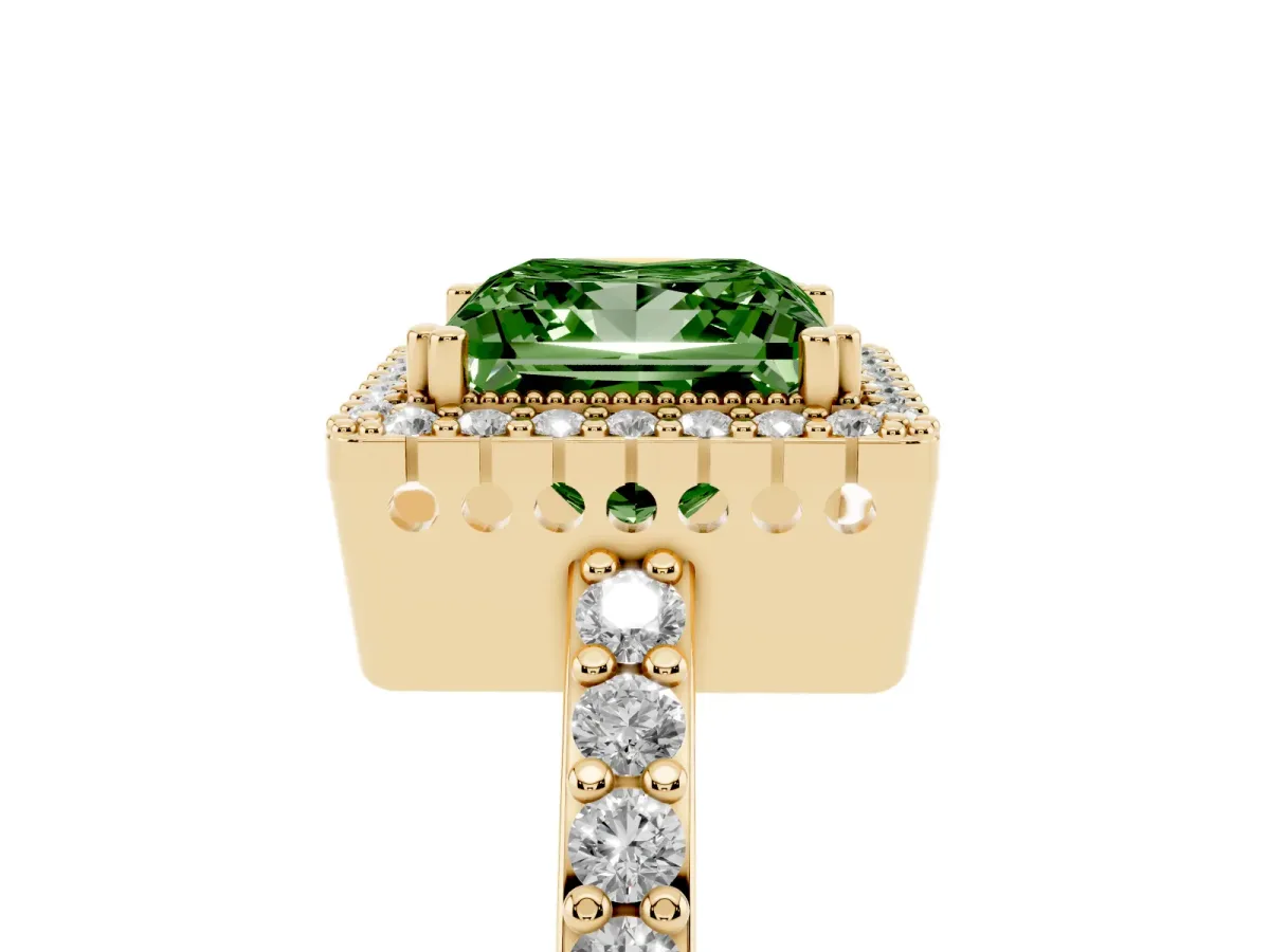 Fancy Green Princess Cut Cut Diamond Halo Engagement Ring with Milgrain Detail and Pavé Band Yellow gold
