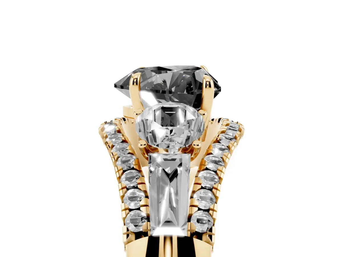 Fancy Black Three-Stone Heart Cut Diamond Engagement Ring with Pave Band and Prong Setting Yellow gold
