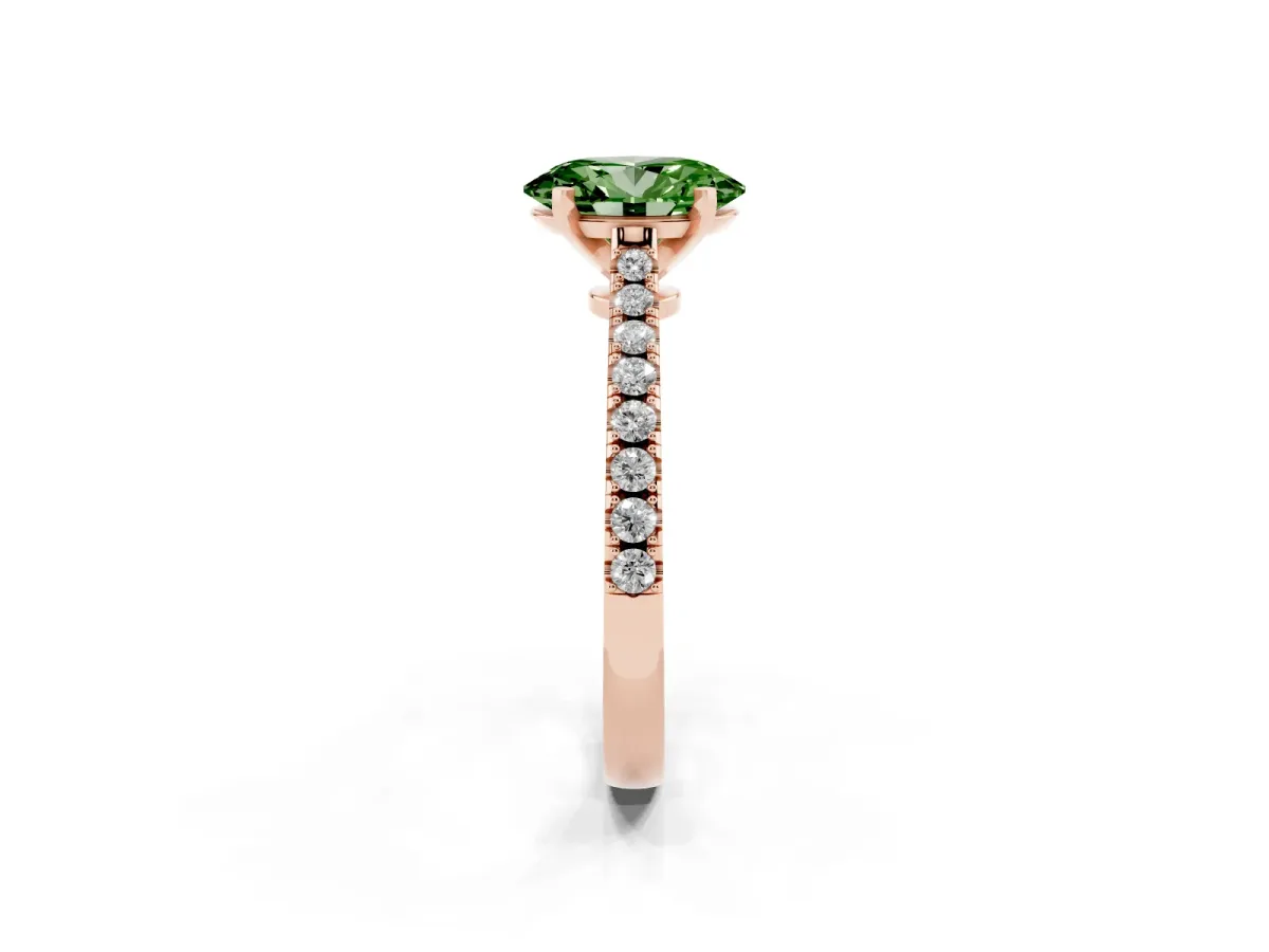 Fancy Green Oval Cut Cut Solitaire Diamond Engagement Ring with Pave Band and Four-Prong Setting Rose gold