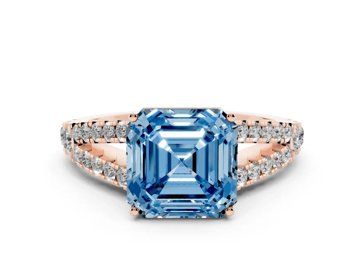 Fancy Blue Asscher Cut Diamond Split Shank Engagement Ring with Round Pavé and Prong Setting Rose gold