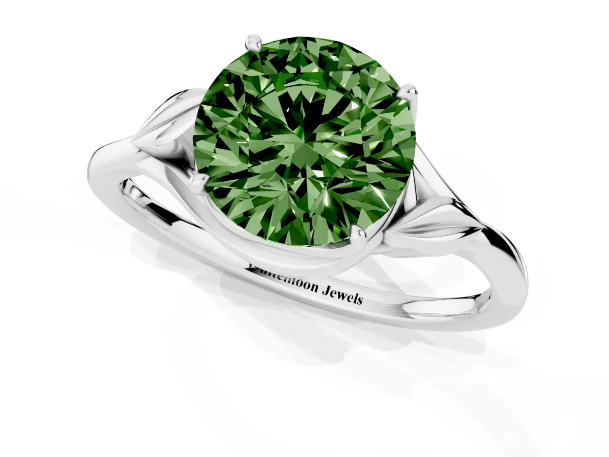 Fancy Green Round Cut Diamond Solitaire Ring with Twist Band and Four-Prong Setting Silver