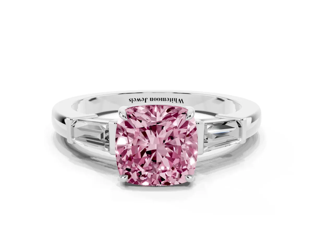 Fancy Pink Cushion Cut Diamond Three-Stone Ring with Tapered Baguette Side Stones and Prong Setting Silver