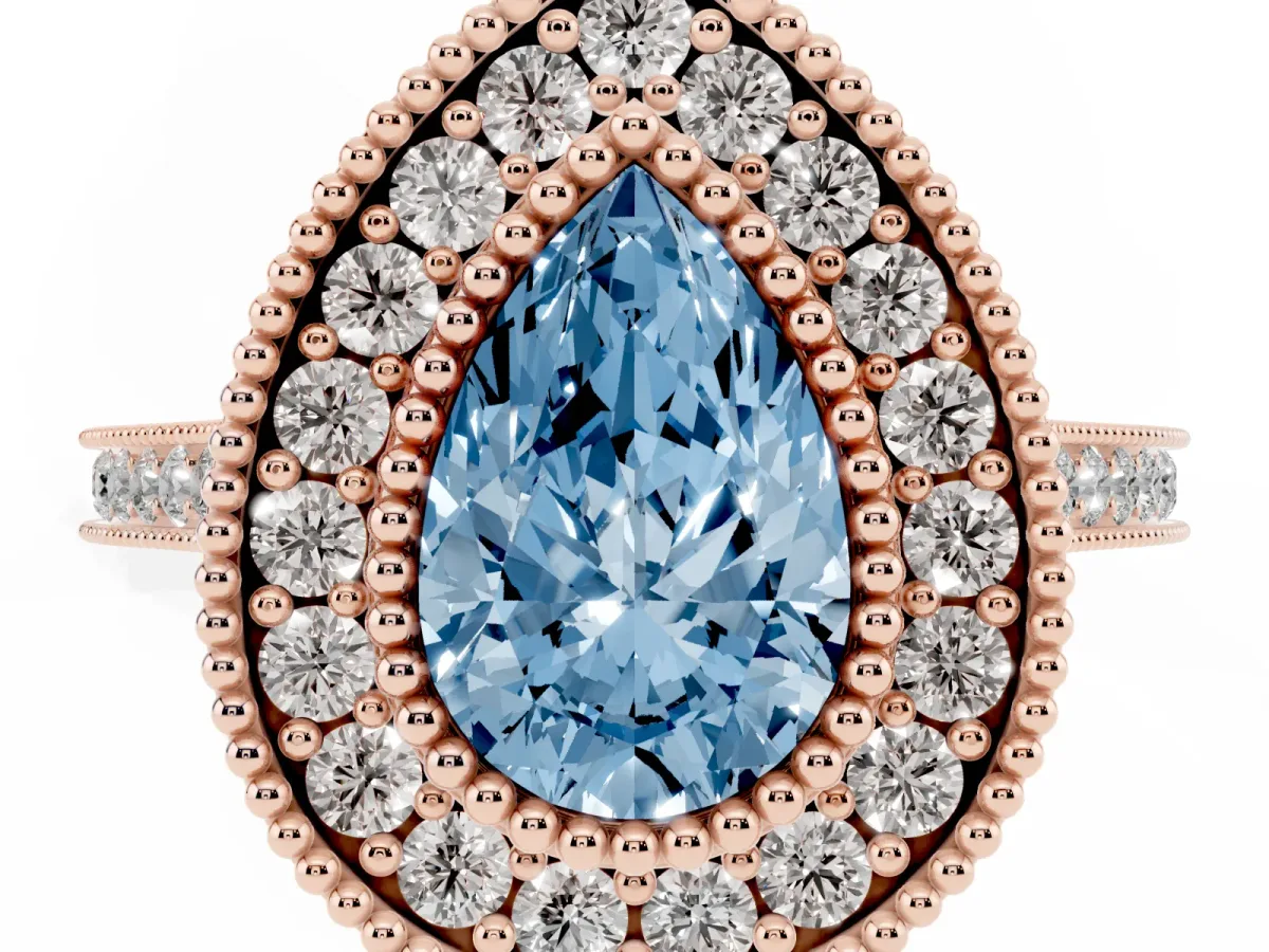 Fancy Blue Pear Cut Diamond Halo Ring with Milgrain Frame and Pavé Band Rose gold