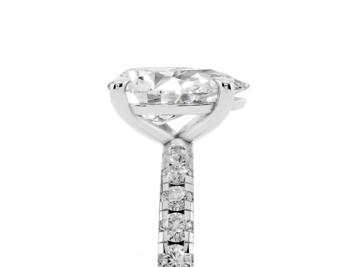 Pear Cut Diamond Brilliant Solitaire Ring with Pavé Band and Four-Prong Setting Silver