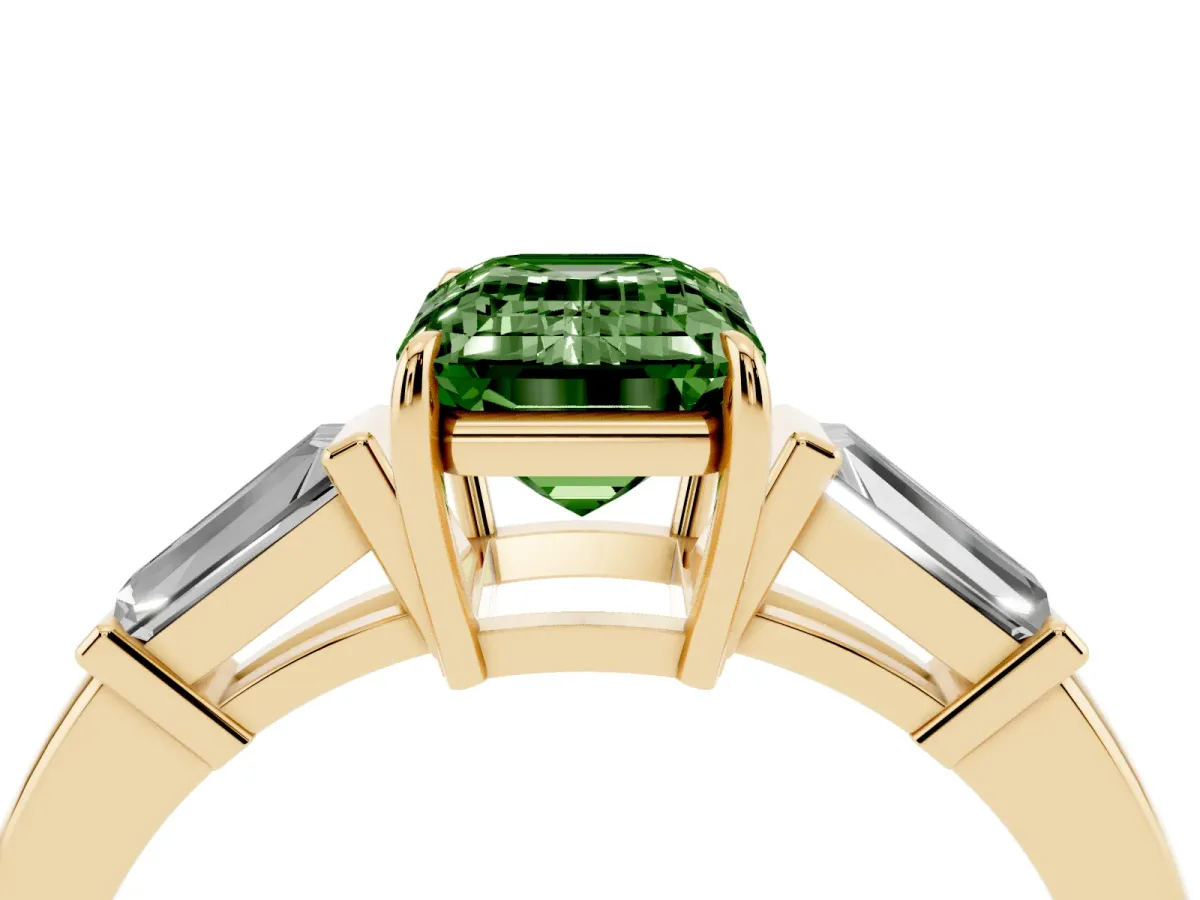 Fancy Green Emerald Cut Diamond Three-Stone Ring with Tapered Baguette Side Stones and Prong Setting Yellow gold
