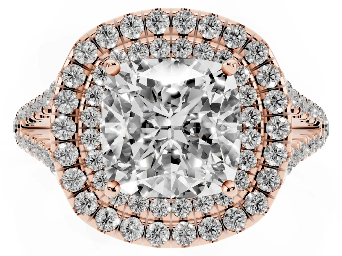 Cushion Cut Diamond Double Halo Ring with Pavé Band and Prong Setting Rose gold