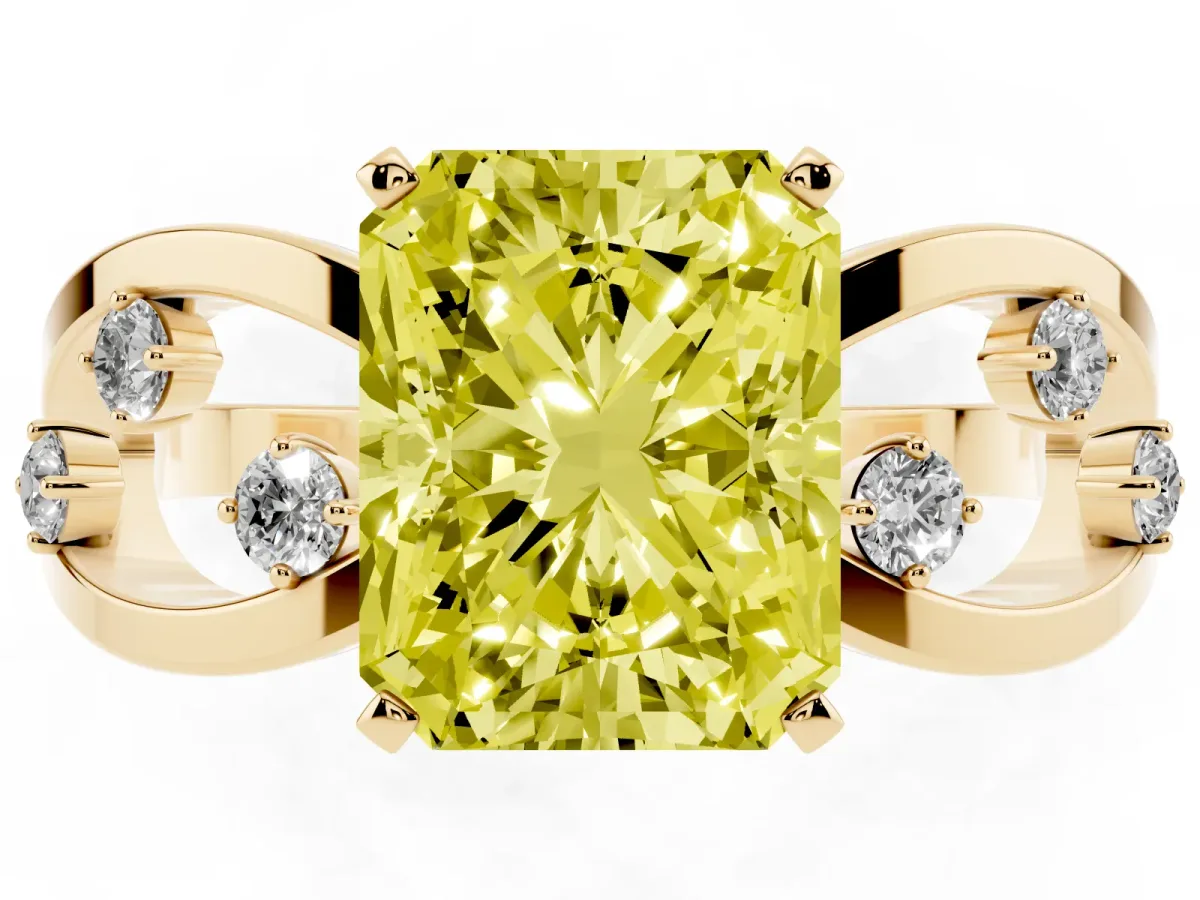 Fancy Yellow Radiant Cut Cut Solitaire Diamond with Side Stones on Criss-Cross Band and Four-Prong Setting Yellow gold
